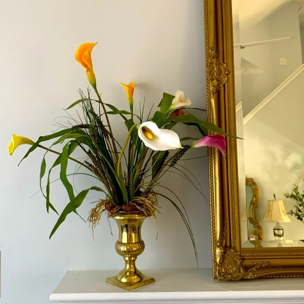 Brass pedestal‎ vase calla Lilly arrangements dry and faux greenery home decor
